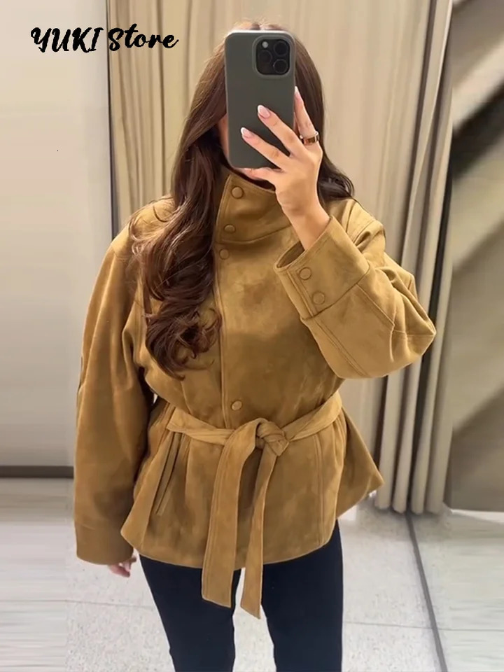Fashion Chic Green Suede Lace Up Jackets Women Loose Stand Collar Belt Long Sleeve Buttons Coats 2026 Autumn Winter Lady Outwear 261015