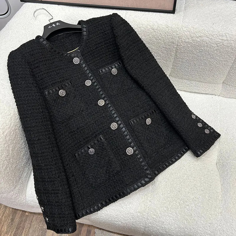 Fashionable and Elegant Round Neck Single-Breasted Light y Socialite High-End Temperament n Tweed Woven Jacket 261015