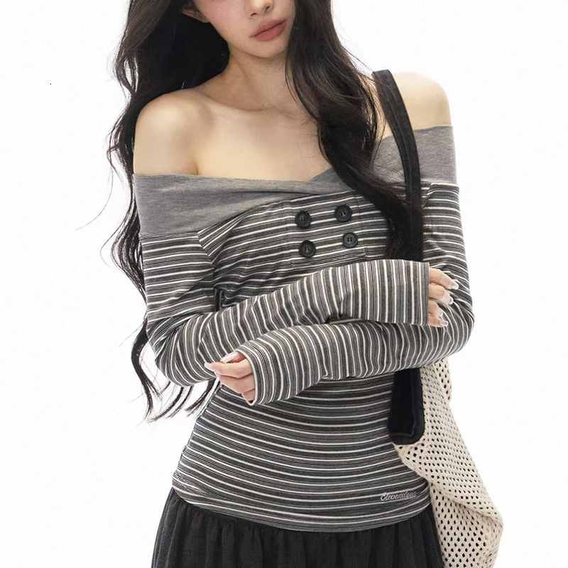 MEXZT Vintage Striped T Shirts Women Sexy Slash Neck Patchwork Tops Streetwear Korean Long Sleeve Tees Autumn Slim Clothes New