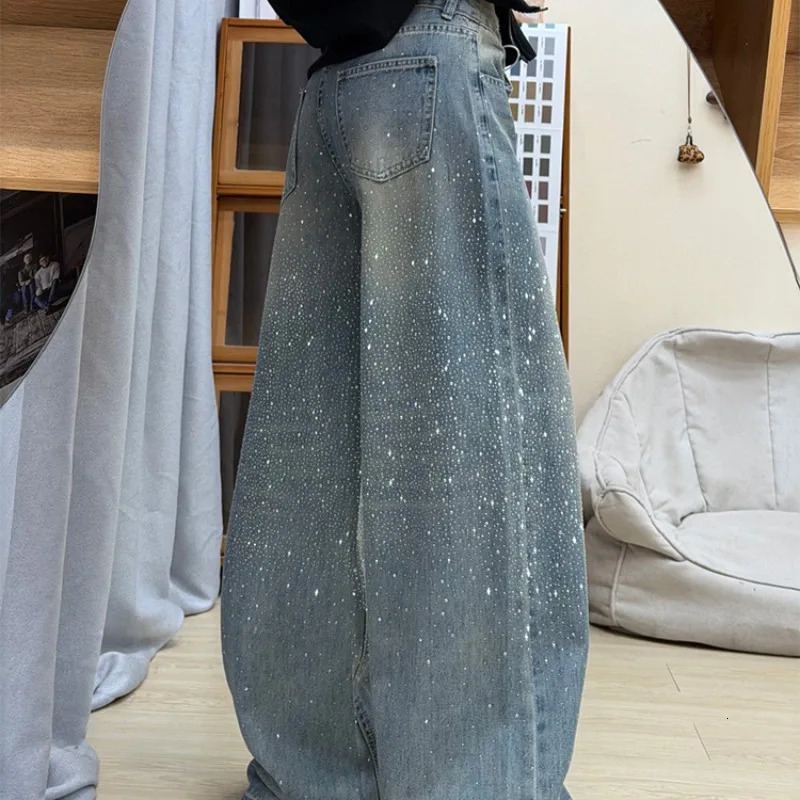 Summer Women Rhinestone Baggy Jeans Korean Fashion Vintage Washed High Waist Wide Leg Denim Pants Y2k Streetwear 261016