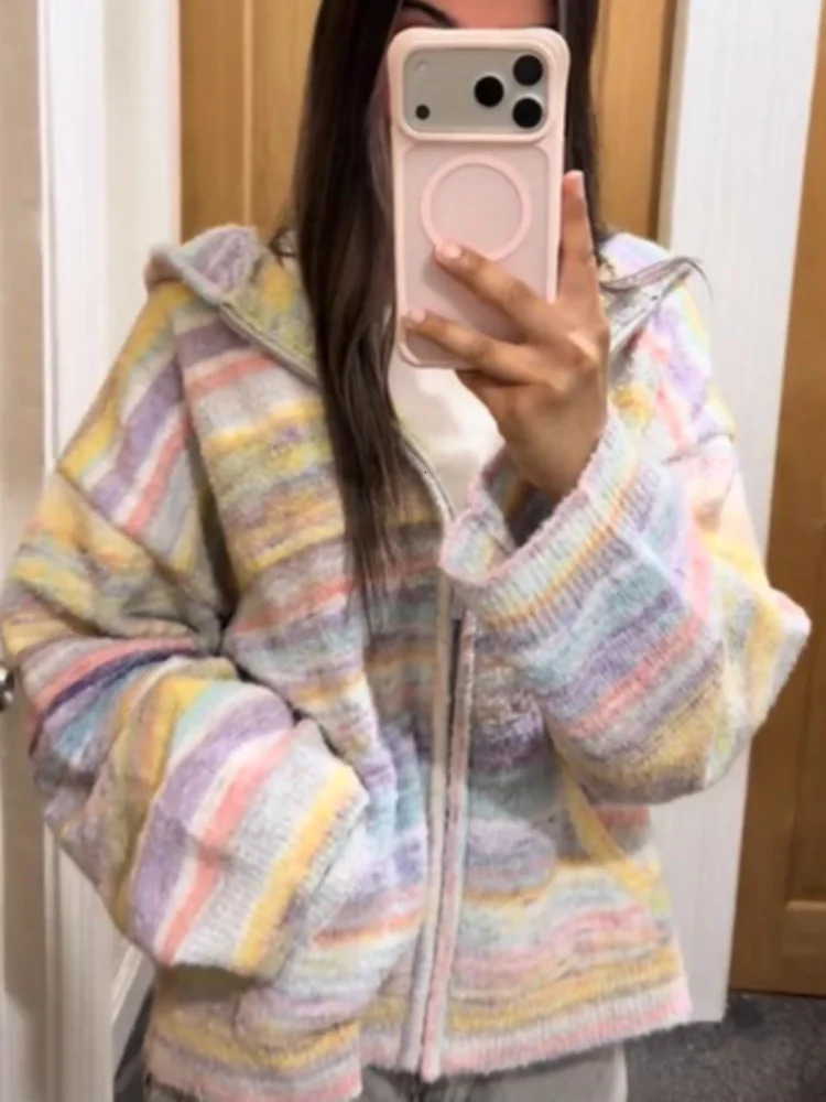 Women Marled Stripe Knit Jacket Pastel Hooded Zipper Long Sleeve Oversized Coat Lady 2026 Autumn Casual Beach Vacation Outerwear 261016