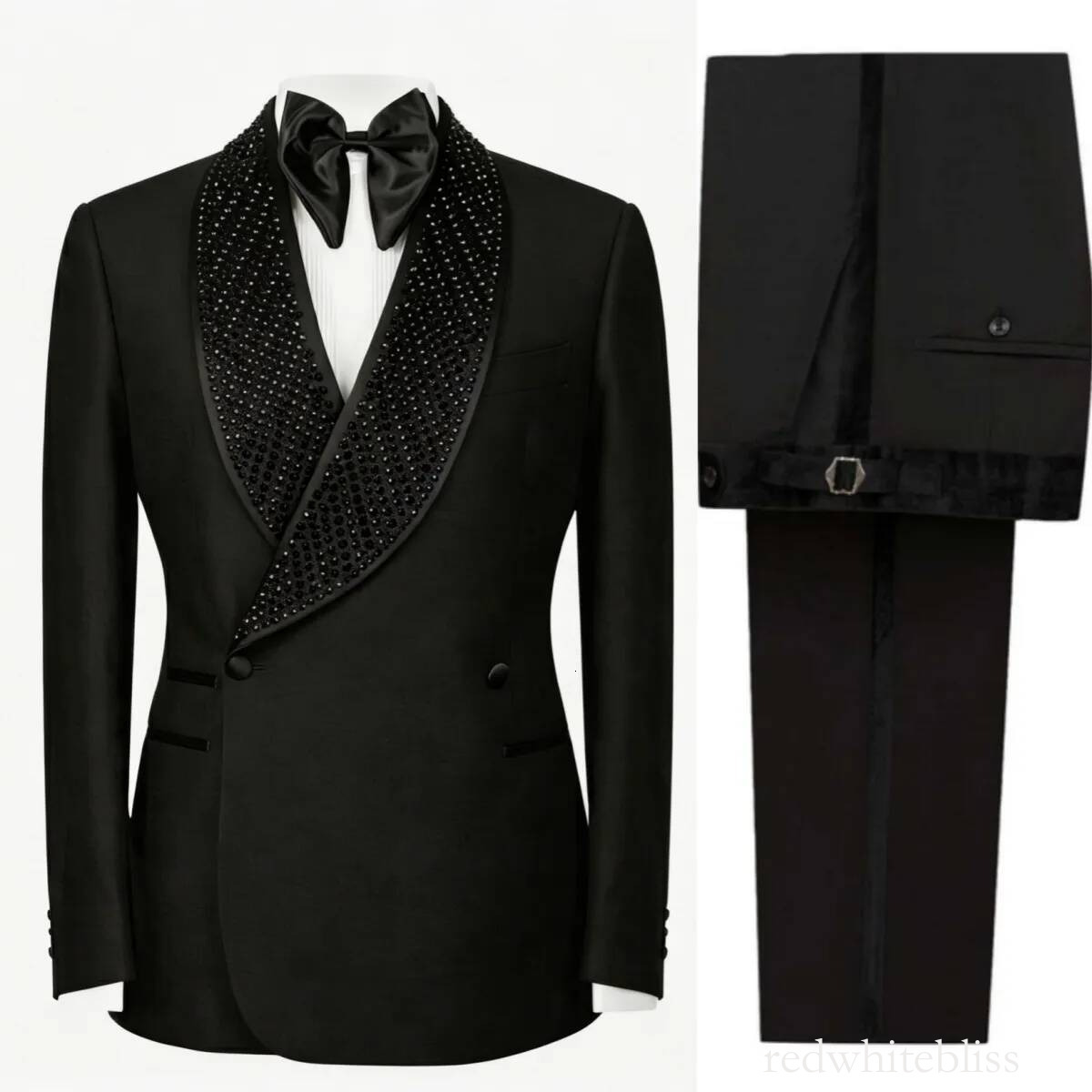 Formal Wedding Tuxedos Beaded 2 Piece Set Plus Size Men Suit Handsome Shawl Lapel Jacket Pants Groom Evening Blazers Customized