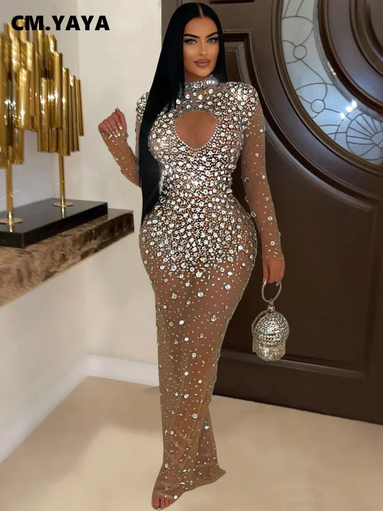 GLCMYAYA Women Mesh See Through Diamonds Rhinestones Bodycon Long Mermaid Maxi Dress Evening Sexy Party Dresses Vestidos 261016