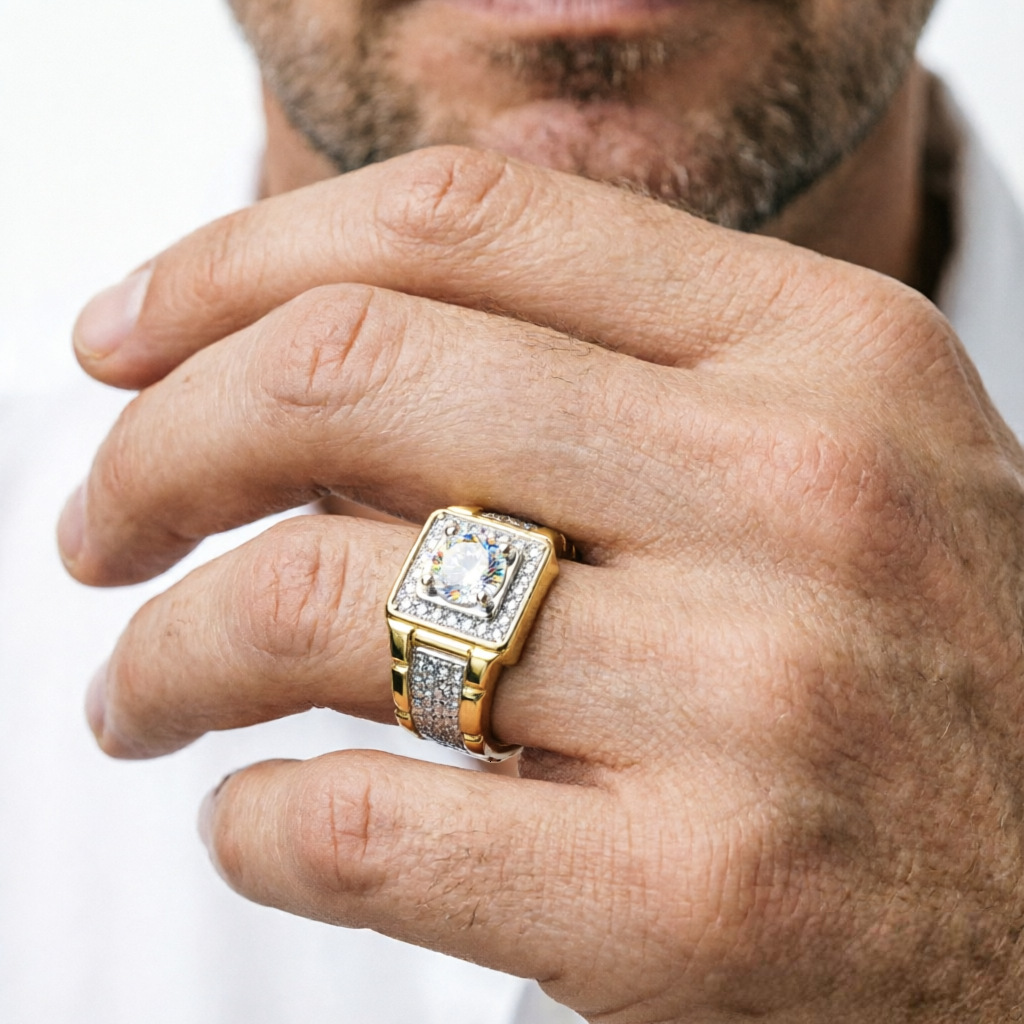 2026 1:1 Iced European And American Fashion Full-Diamond cologne Luxurious Quality, Elegant Business Men's Wedding Ring, Electroplated Gold per