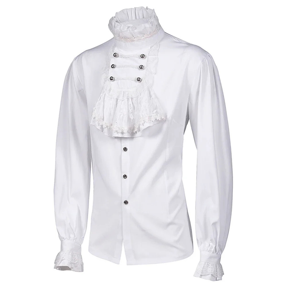 Men's Gothic White Shirts And Blouses Tops Retro Victorian Medieval Lace Ruffles Stand Collar Puff Sleeve Shirt Clothing 261015