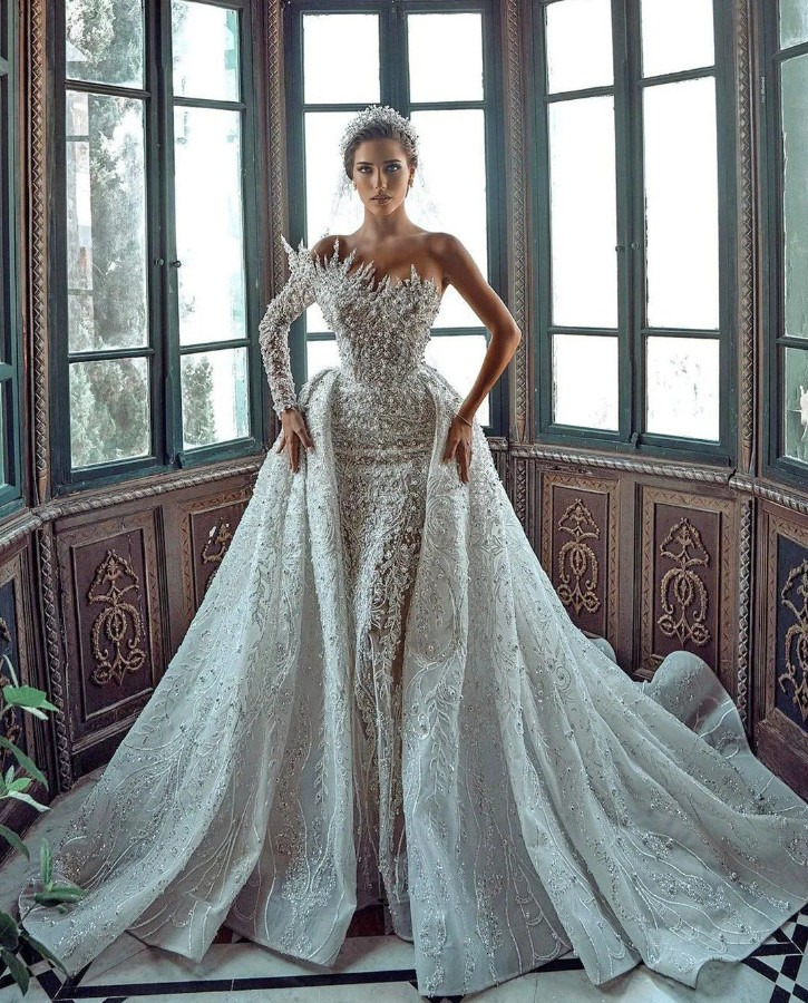 Gorgeous Beaded Mermaid Lace Wedding Dresses With Detachable Train Luxurious Long One Shoulder Bridal Gowns Pearls Beads Sequined Arabic Dubai robe