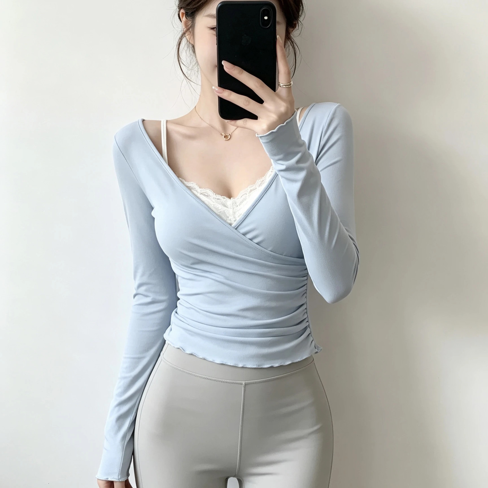 Autumn Winter Women's Modal Lace Splice V-neck Sleeveless Top And Bottom Two-piece Set Slim Fit Long Sleeve T-shirt 261015