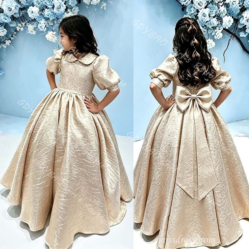 Vintage Girls Princess Flower Girl Dress for Wedding With Short Puff Sleeve Appliqued Flora Kids Birthday Party Gown Custom