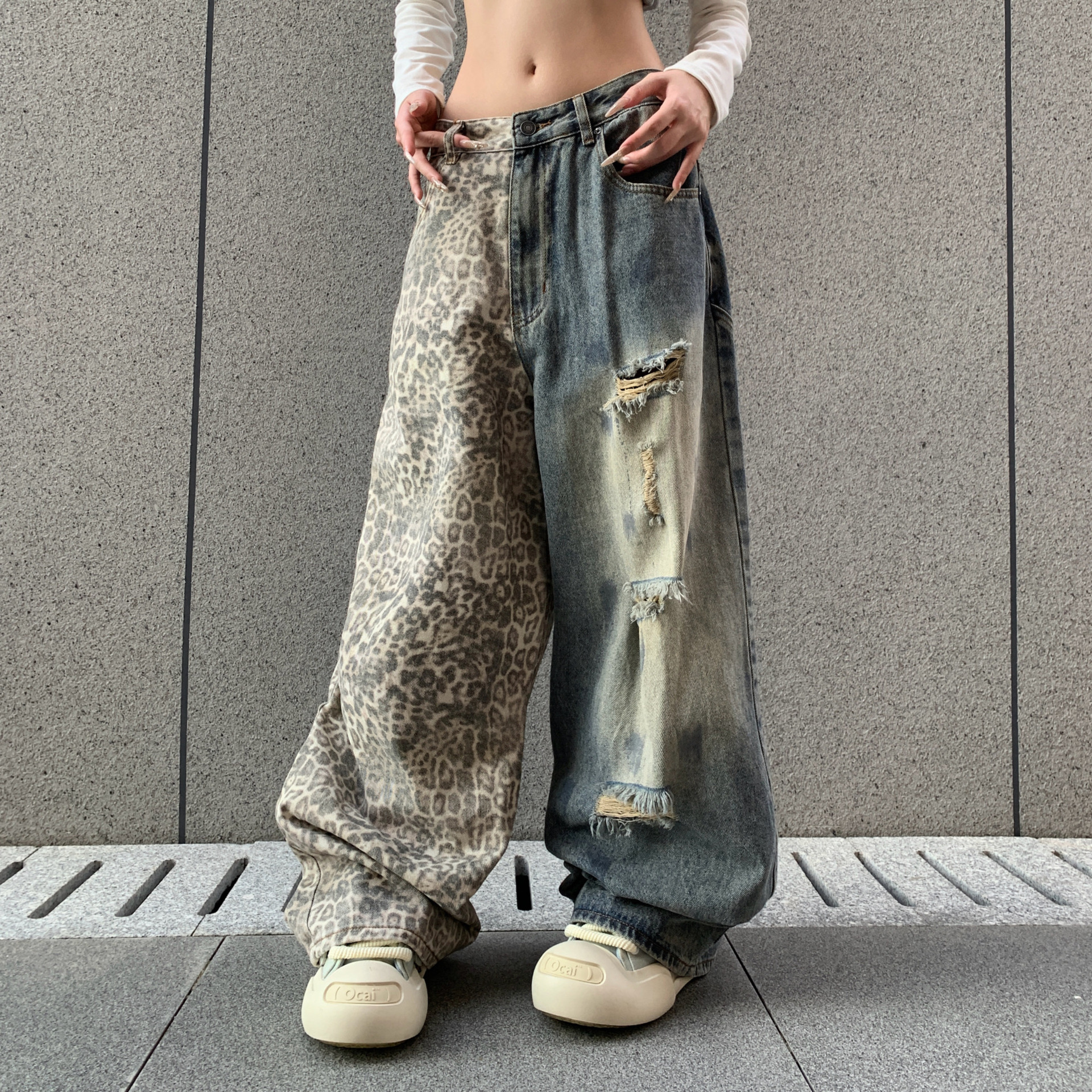 Women Men Plus Size American Vibe Vintage Washed Leopard Print Ripped Jeans Loose Wide Leg Denim Pants Street Style Casual Daily Wear Versatile Long