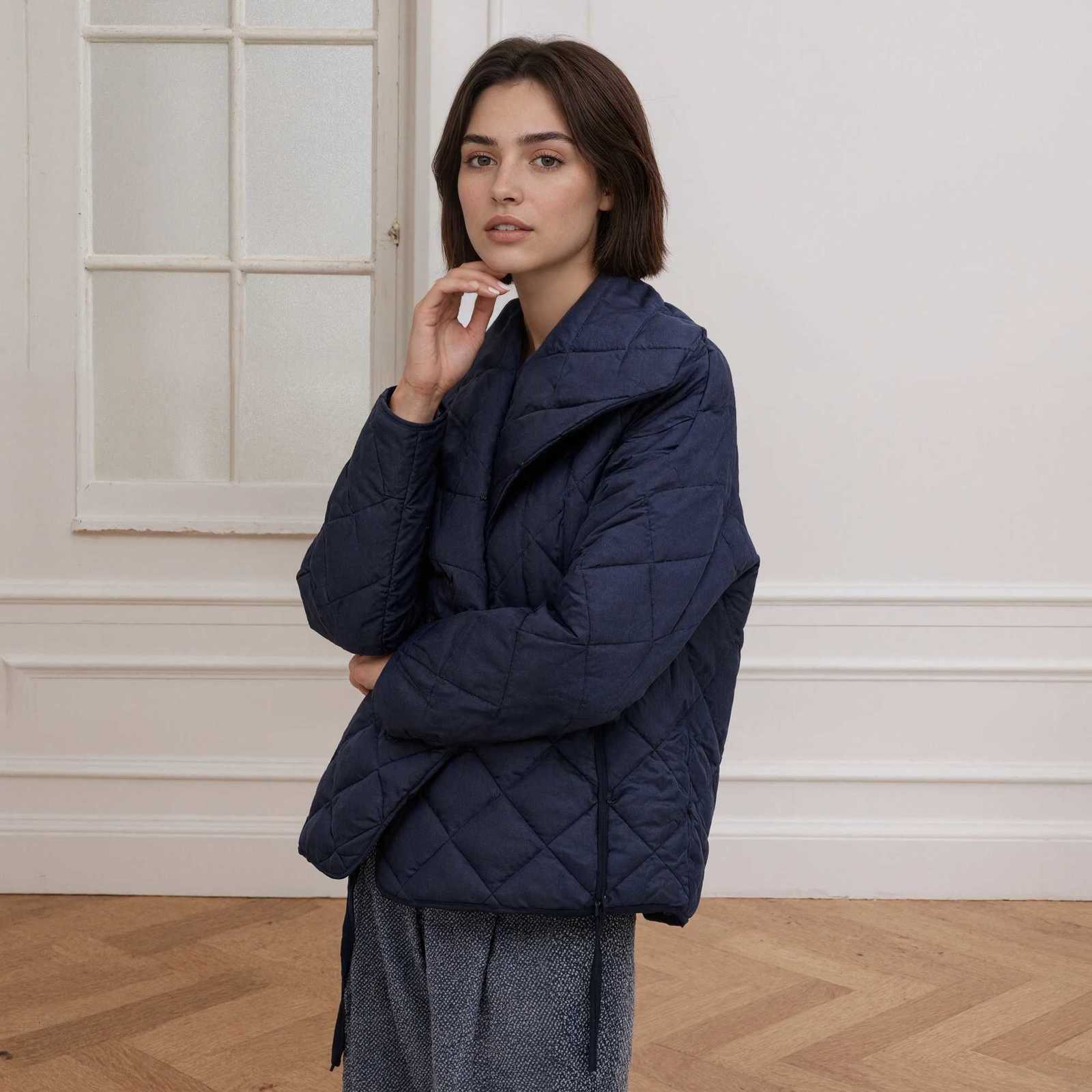 Women's Down Parkas Women Navy Quilted Short Jacket Oversized Shawl Collar Coat Padded Wrap Outerwear Warm Autumn Winter Thanksgiving Christmas