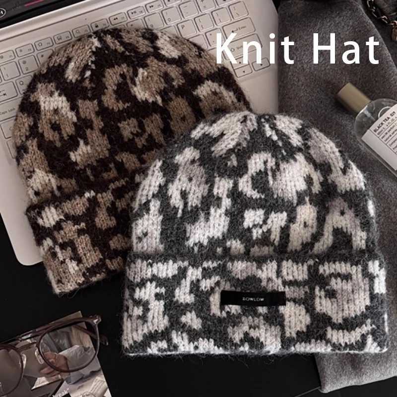 New Soft Lined Slouchy Beanie Korean Style Cheetah Print Knitted Hat For Women Winter Warm Thick Skull Hat Retro Fashion Outfit S261017GXO2