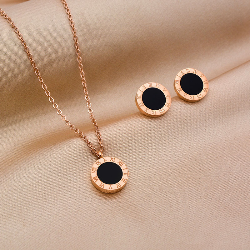 Roman Numeral Titanium Steel Necklace Versatile French Minimalist Non-Fading Clavicle Chain Niche Design Light Luxury Earring Set