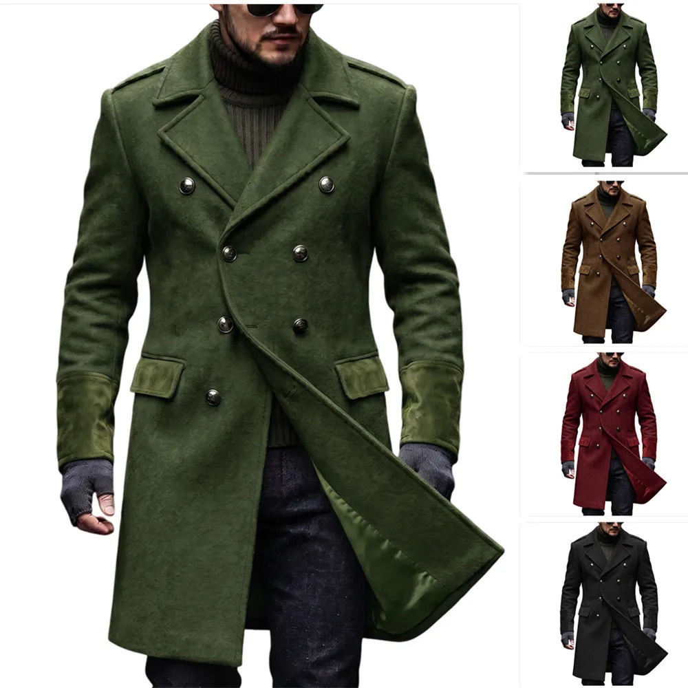 Mid Length Jacket Men Wool Blend Overcoat Double Breasted Formal Work Y2k Streetwear Classic Lapel Trench Coat Autumn Winter 261016