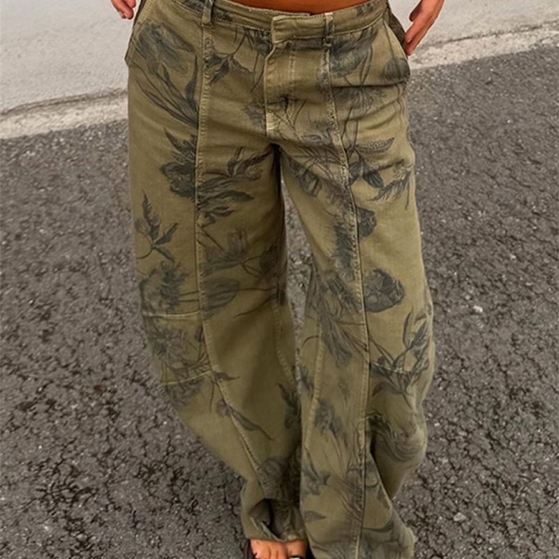 Printed Curved Wide Leg Denim Jeans High Waist Seam Detail Casual Women All-match Long Pants Autumn Fashion Chic Outfits 261016