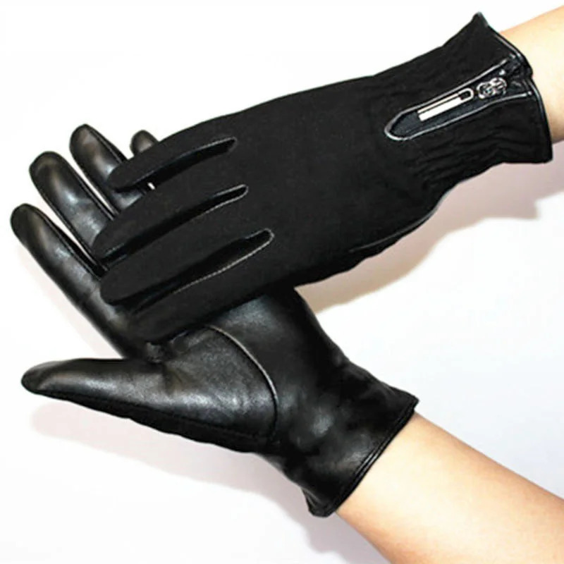 Womens Leather Gloves Touch Screen Sheepskin Fashionable Zipper Autumn and Winter Warm Motorcycle Riding Gloves 261017