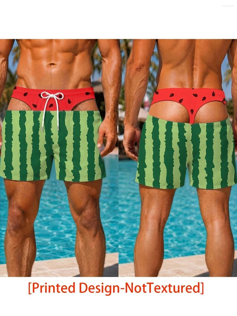 Funny 3D Print Watermelon Skin Fake Hollow Out Visual Illusion Mens Summer Party Swim Shorts