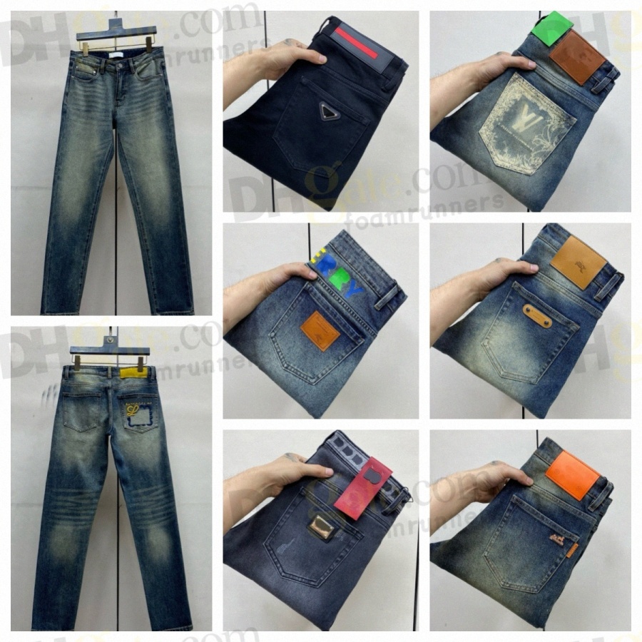 Free Shipping Men Vintage Washed Denim Jeans Distressed Retro Pants Back Pocket Embroidery Pattern Slim Straight Fit Casual Street Denim Trousers E9