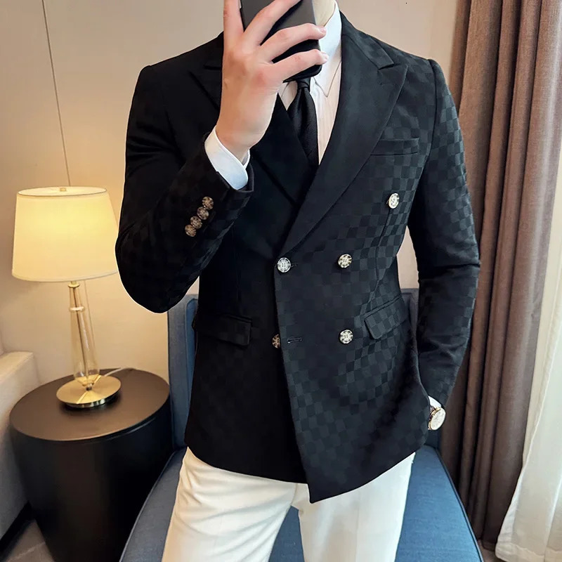 6 Color Fashion Double Breasted Plaid Suit Jacket y Men Slim Fit Business Social Wedding Formal Suit Coats Plus Size 5XL-M 261015