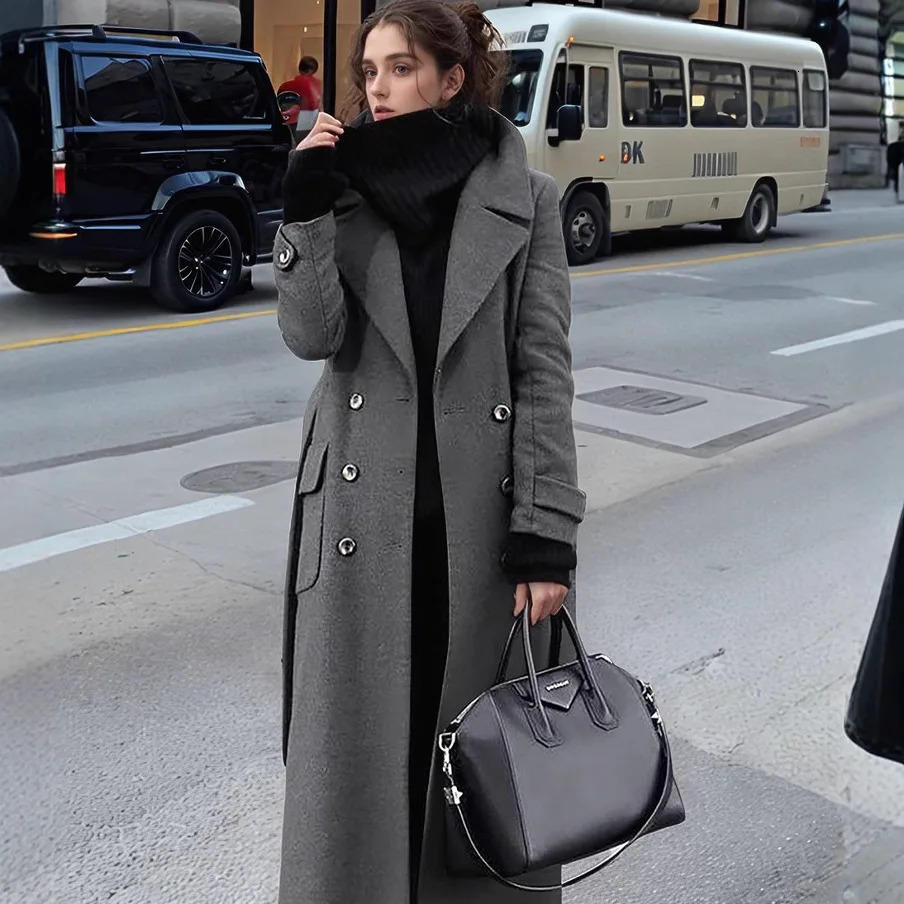 Autumn and Winter Temperament Suit Collar Double-Breasted Long Woolen Coat Trench Coat for Women 261016