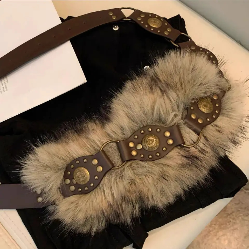Spice Girl Women's Harajuku Steampunk Y2K Plush American Vintage Dark PU Furry Belt Concave Shaped Decorative Waist Chain 261012