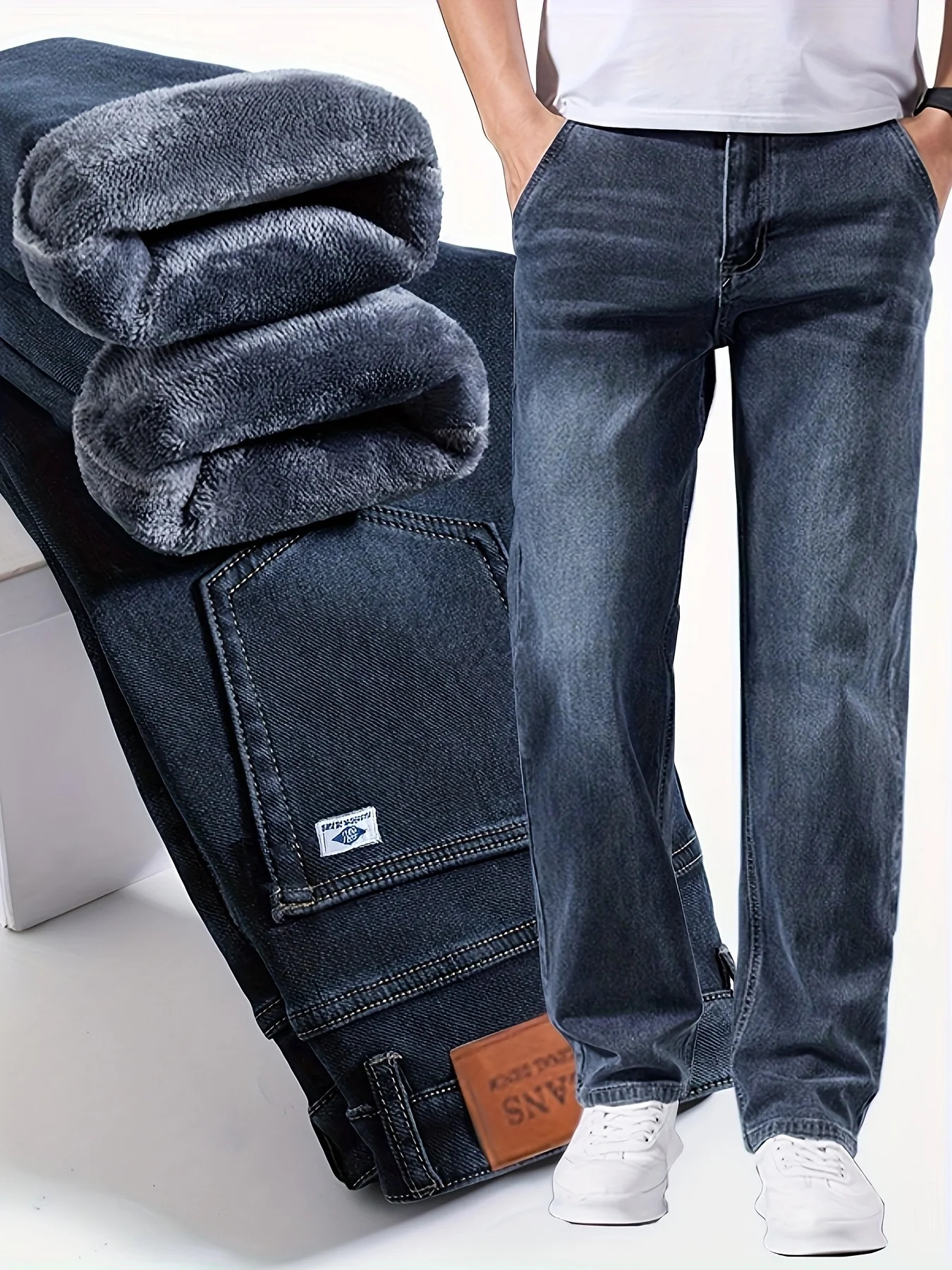 2026 Mens Winter Warm Fleece Lined Thick Loose Stretchable Business Casual Jeans Lightweight Trousers for Office And Daily Wear 261016