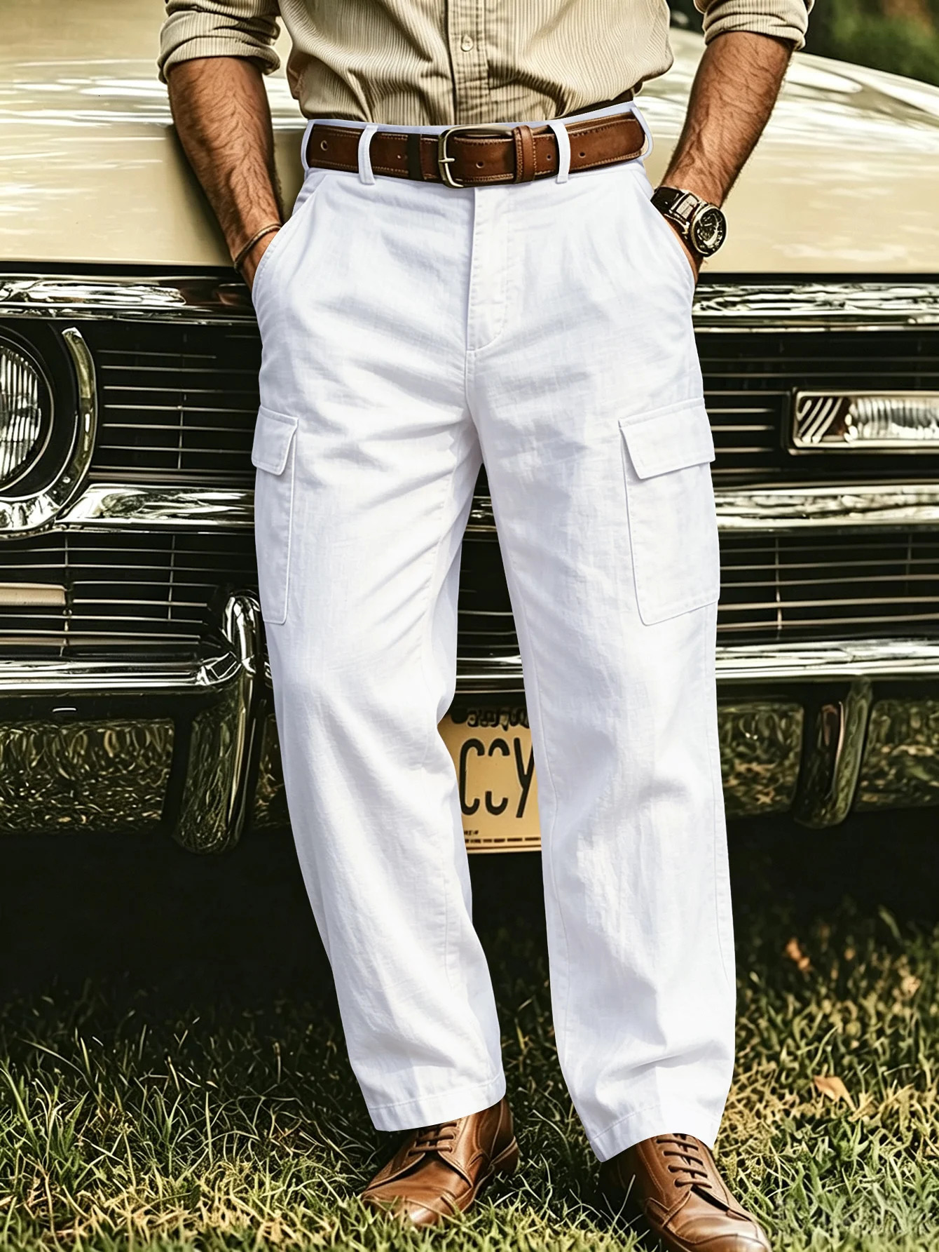 Spring Autumn Mens Linen Cargo Pants Multipocket Straight Loose Outdoor Casual Trousers 261017