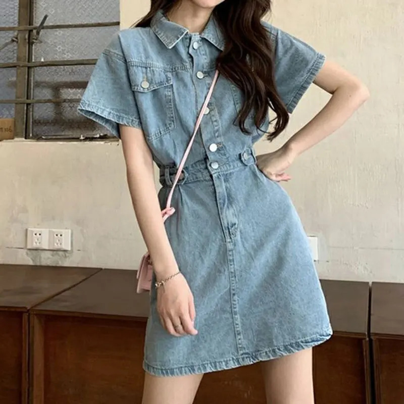 Solid POLO Collar High Waist Button Short Sleeve Denim Dress Elegant Fashion Harajuku Female Clothes Casual All Match Dresses 261015