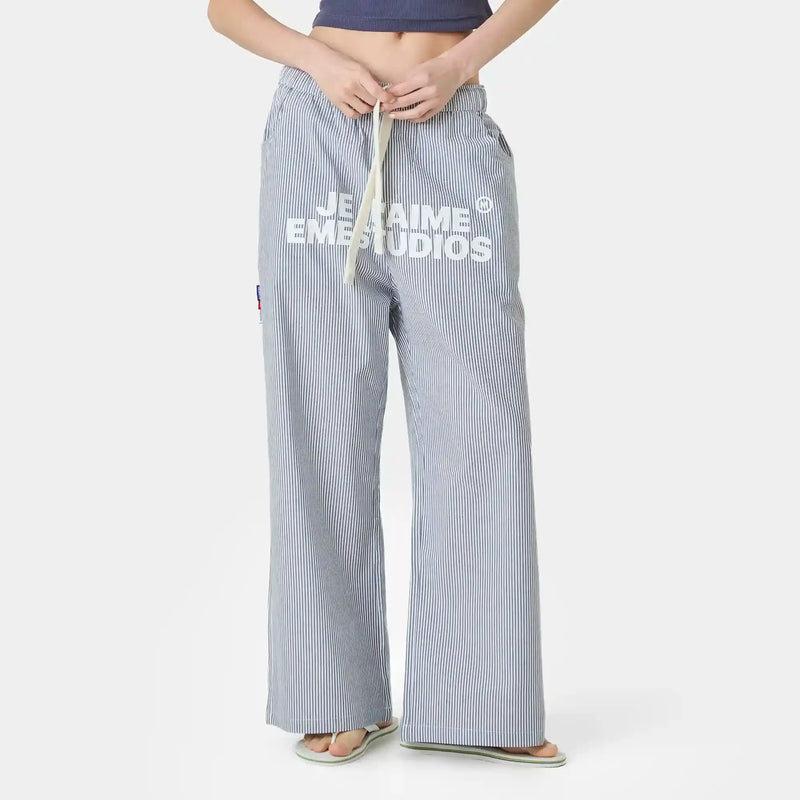 Pantalon rayé à jambes larges pour femmes, cordon de serrage, taille élastique, lettre imprimée, ample, décontracté, longueur au sol