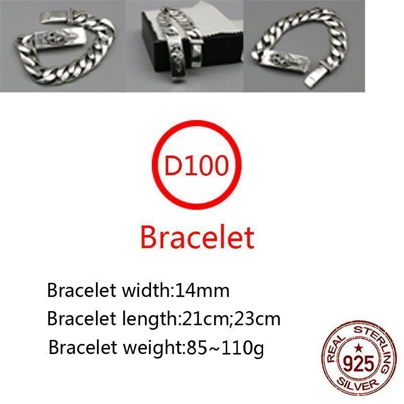 D100 S925 Sterling Silver Bracelet Fashion Letter Personalized Vintage Smooth Sword Cross Flower Heart Punk Hip Hop Style Lover Gift