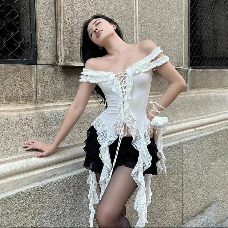 MEXZT Y2K Sexy Slash Neck T Shirts Women Aesthetic Lace Ruffles Crop Tops Summer Coquette Streetwear Irregular Design Tees New