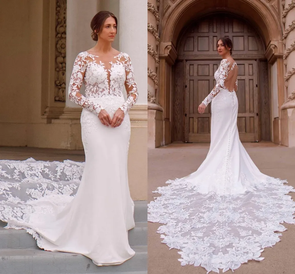 2027 Modern Boho 3D Floral Lace Mermaid Wedding Dress Illusion O Neck Long Sleeves Satin Bridal Gown With Chapel Train Sexy Hollow Backless Bride Ro
