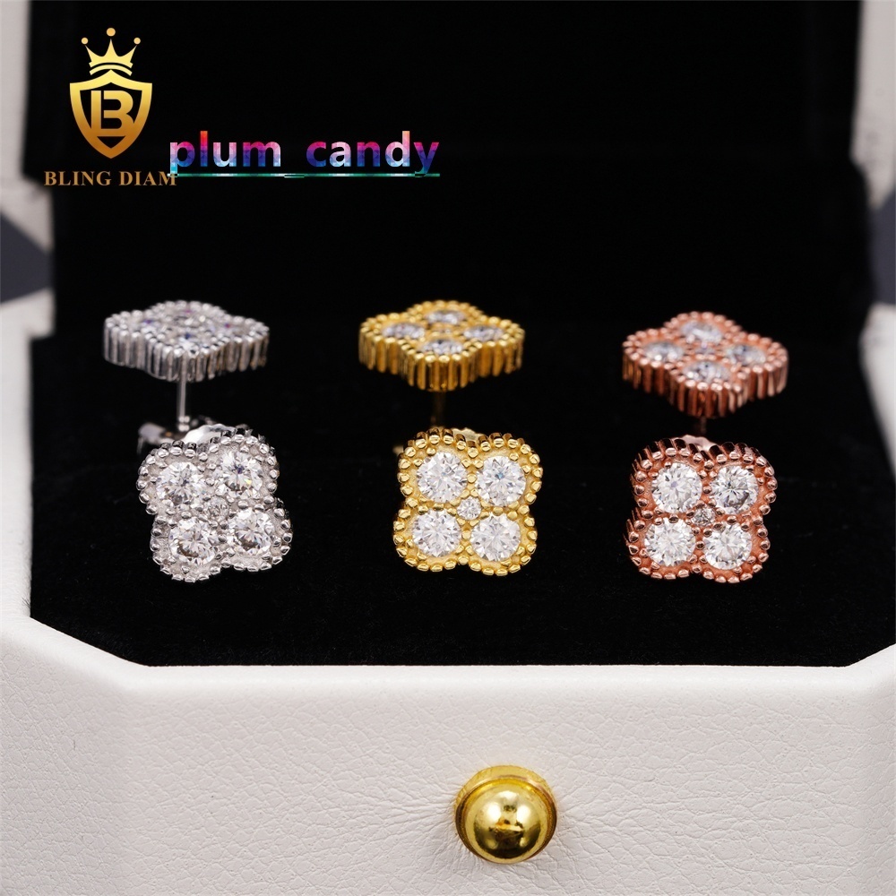 Low MOQ Wholesale Four Leaf 925 Sterling Silver Moissanite Earrings Clover Screw Back Stud Earrings for Men Women Fine Jewelry