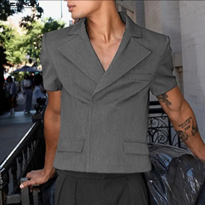 INCERUN Men Blazer Solid Color Lapel Short Sleeve Casual Crop Blazer Men Streetwear Fashion Elegant Leisure Male Suit S-5XL 2026 261015