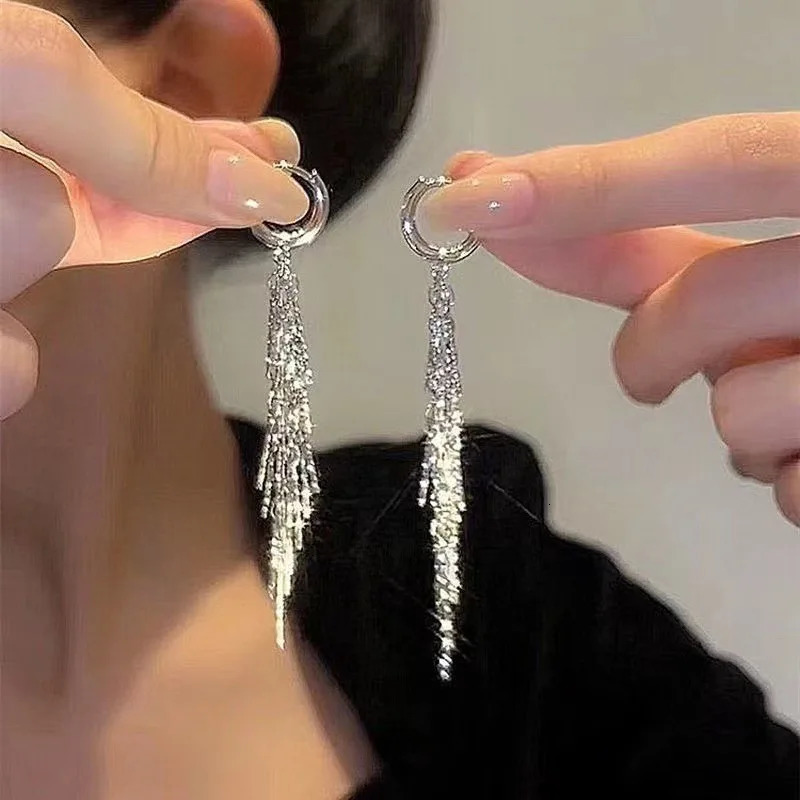 Shiny Silver Color Long Tassel Glitter Drop Earrings for Women Geometric Earring Fashion Accessories Party Jewelry Wedding Gifts261016