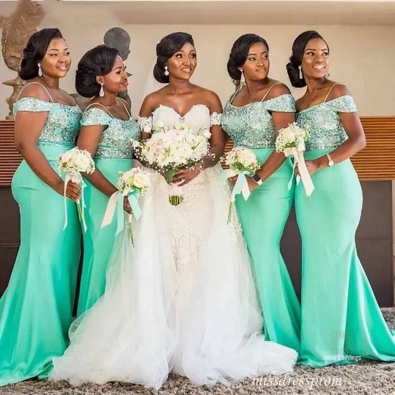 Silver Sequins Green Bridesmaid Dresses Custom Made Mermaid Floor Length Off The Shoulder Straps Plus Size Maid Of Honor Gown Wedding Party Wear Ves