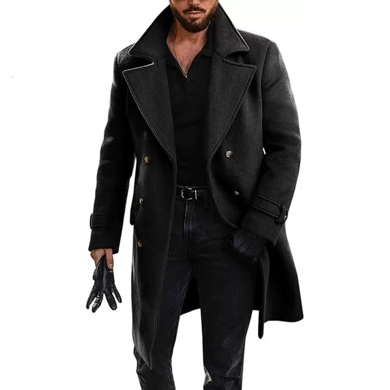 Autumn Winter Wool Blends Coats Men Solid Thick Double Breasted Business Casual Trench Outwear Male Turn Down Collar Long Coat 261015