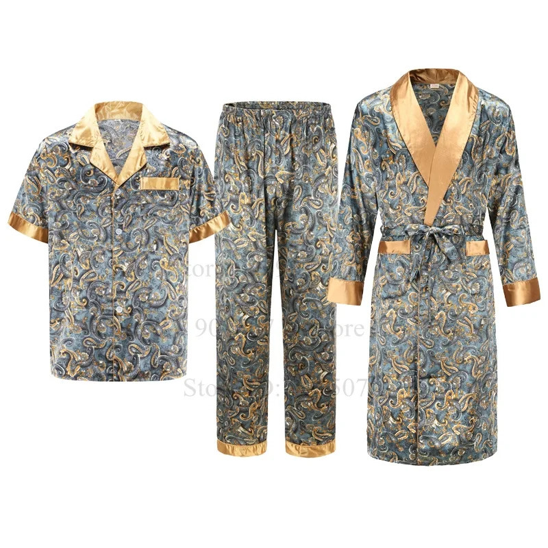 Ice Silk Robe Male Casual Home Clothes Print Shirt pants Summer Autumn Bathrobe with Pocket Loose Nightwear Loungewear 261017