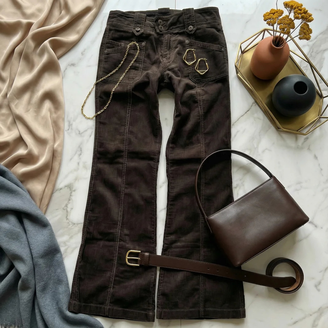 Y2K Harajuku Retro Brown Wide Leg Flare Jeans Womens Low Rise Multi Pocket Cargo Jeans Gothic Casual Fashion Sexy Slim Fit Jeans 261013