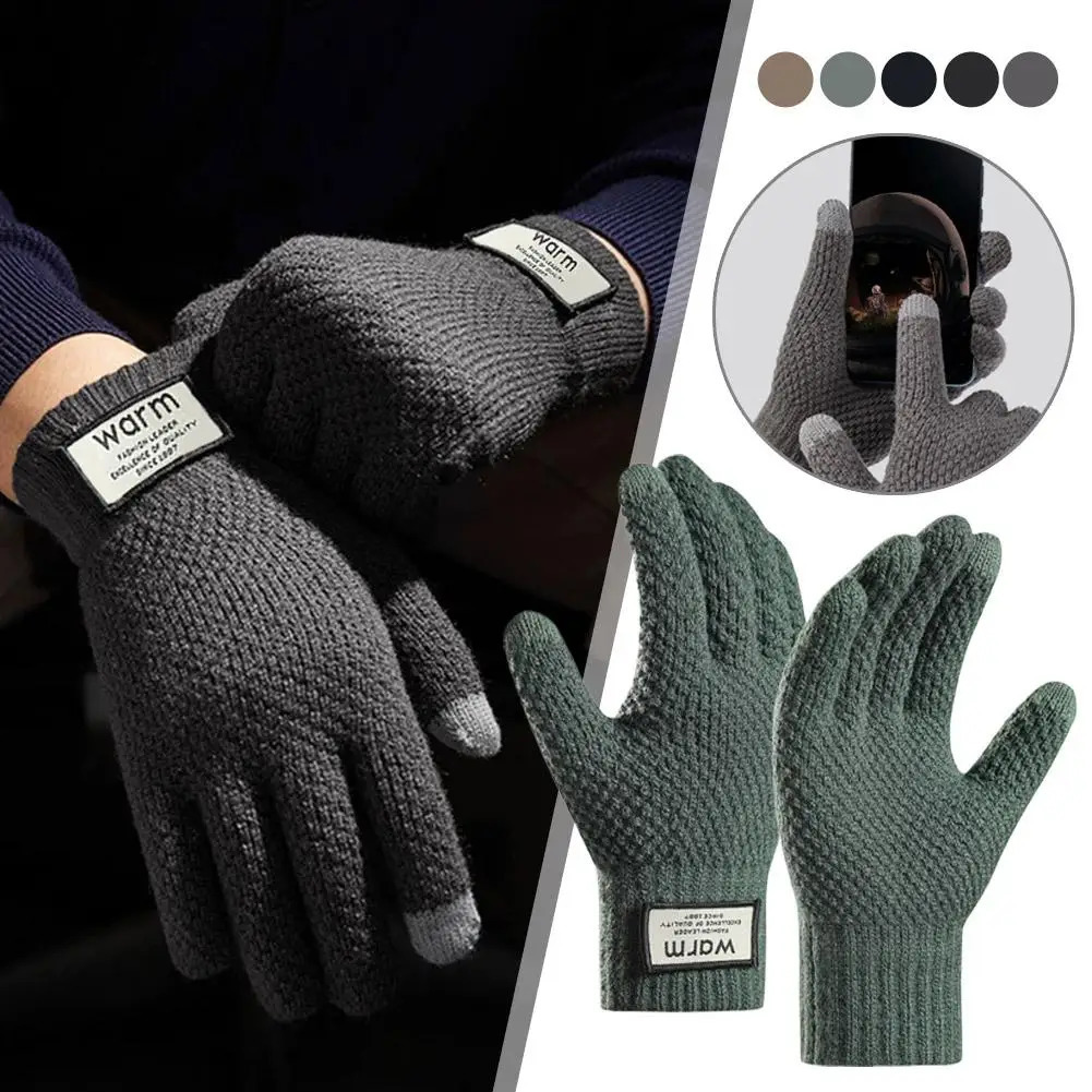 Knit Thermal Men's Gloves Plus-Size Fleece Autumn Winter Soft Thick Elastic Jacquard Wool Touch Screen Warm Gloves 261016