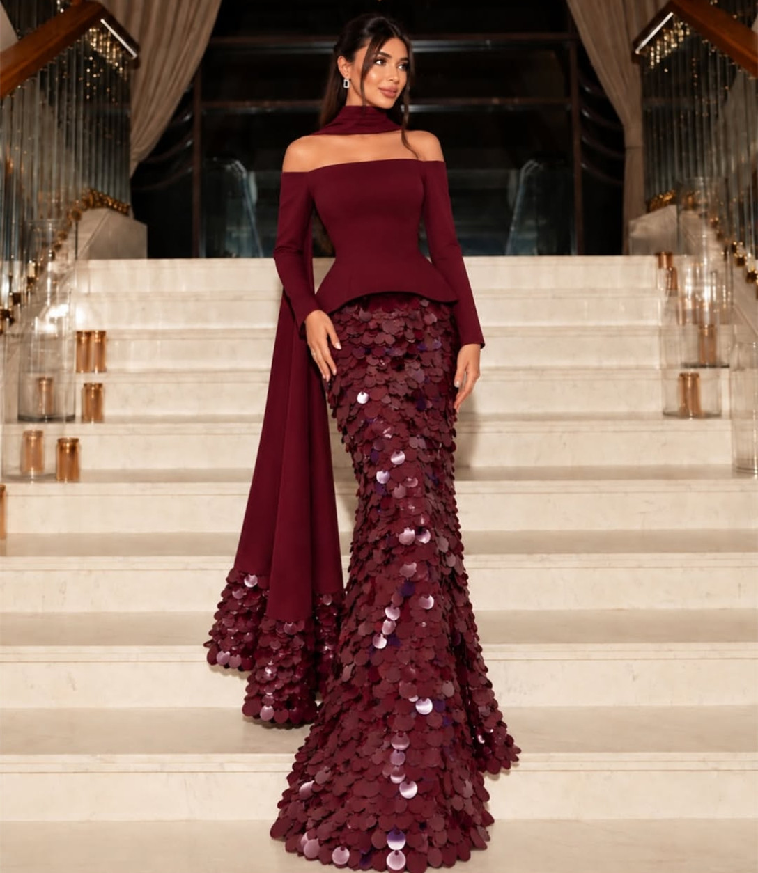 Elegant Long Burgundy Sequined Evening Dresses Crepe Mermaid Bateau Neck Zipper Back Sweep Train Formal Occasion Prom Party Gowns for Women