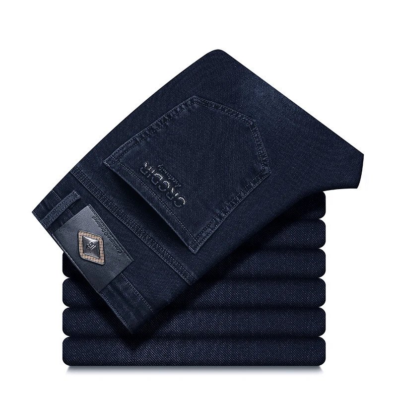 Autumn Winter High Elasticity Mens Business Jeans Haze Blue Black Gray Denim Trousers Pants Work Clothes 261016