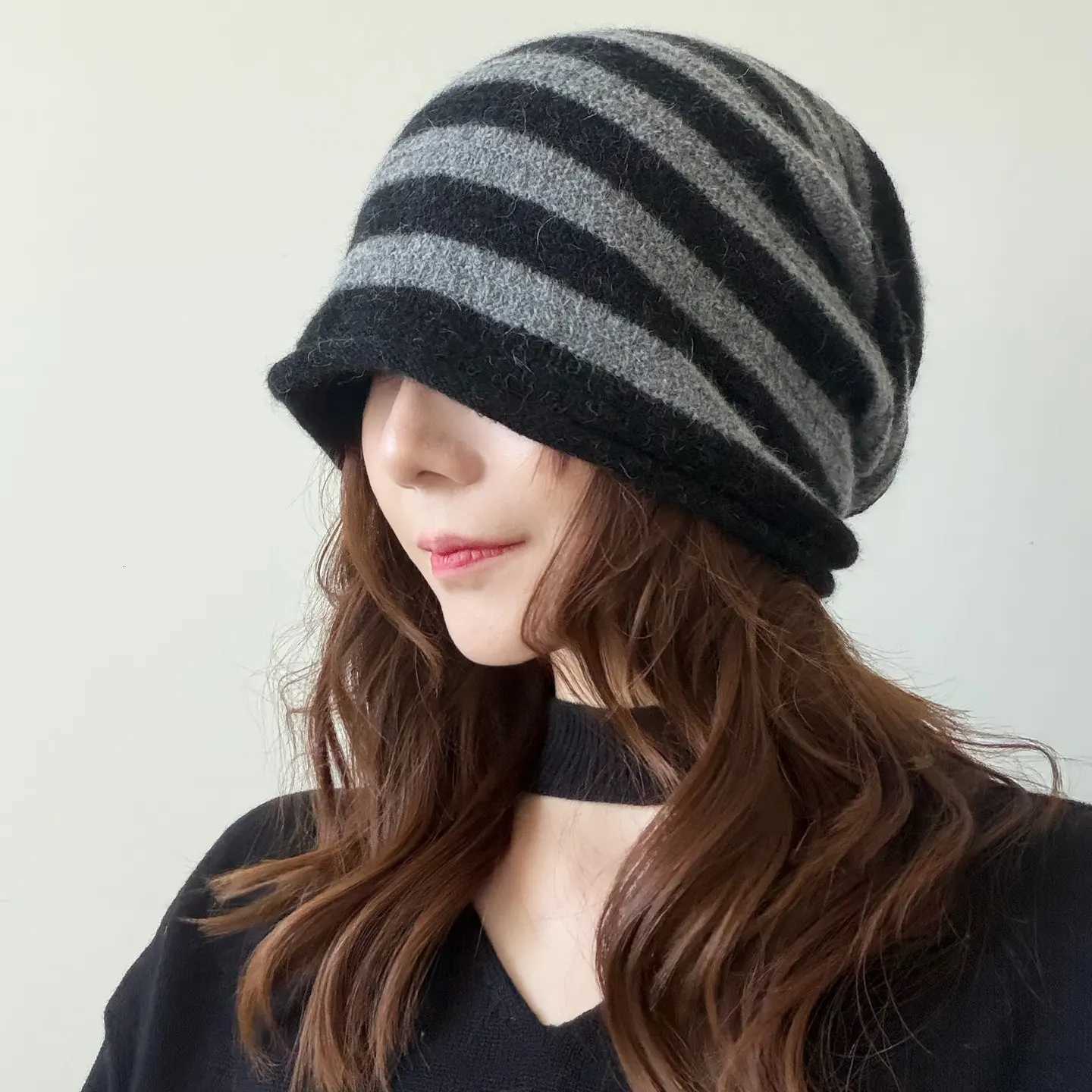 Beanie/Skull Caps Korean Striped Knitted Beanie Caps Women's Autumn And Winter New Model Fashion Versatile Keep Warm Ear Protection Pile Cold H