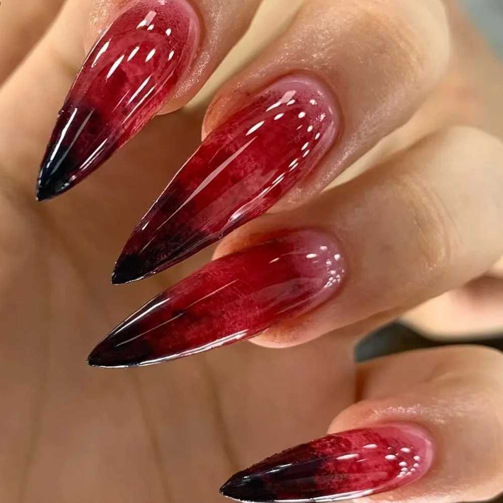 False Nails 24pcs Blood Red Fake Nails Gradient Long Pointed False Nail Patch Full Cover Wearable Fake Nail Tips Halloween Manicure Sets Q261017