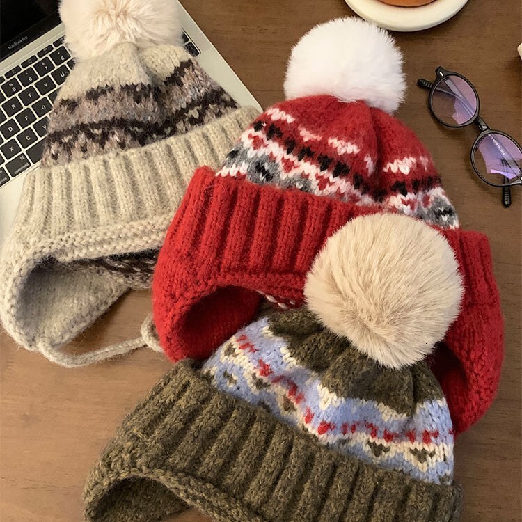 Fair Isle Style Knitted Wool for Women Winter Vintage Versatile Ear Protection Warm Face Slimming Cold-Proof Lei Feng Hat
