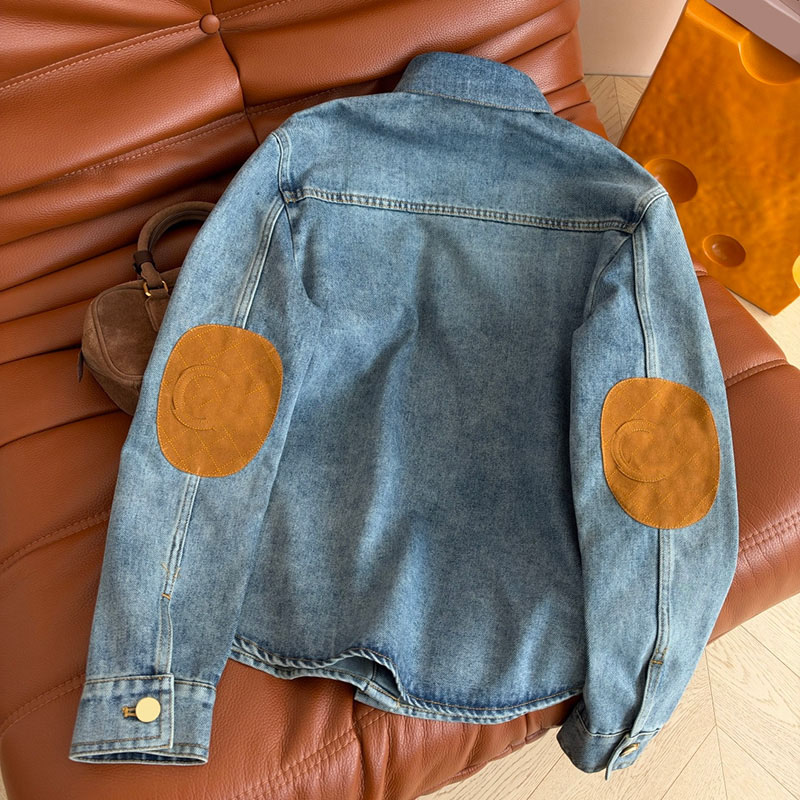 Designer Elbow Patch Denim Jacket Women Vintage Gold Button Up Lapel Neck Jean Shirt Street Vacation Trendy Outerwear