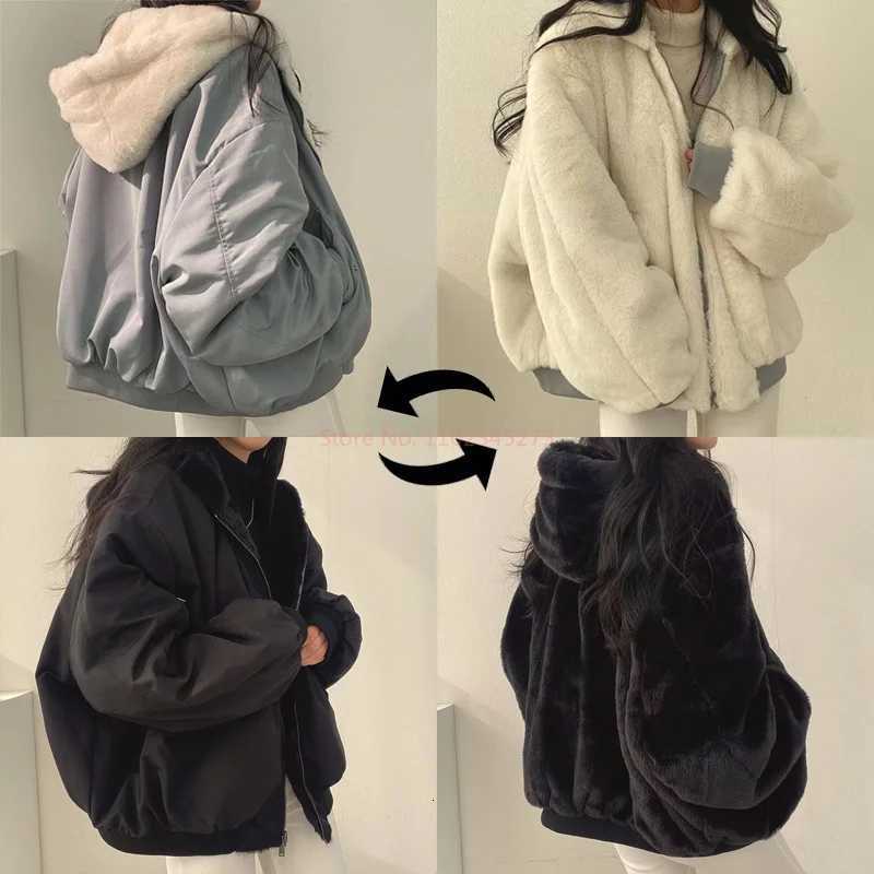 Women's Down Parkas Thick flannel double-sided wearing lamb wool cotton jacket women's coat winter new zipper hooded cotton jacket topT261