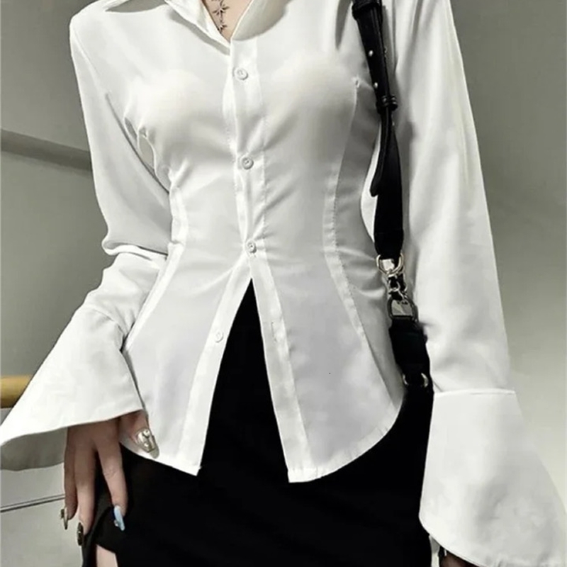 Sexy Slim Flared Sleeve Women's Shirt Solid Lapel Single-breasted Back Bandage Tunic Female Blouses Spring Trend Lady 261015