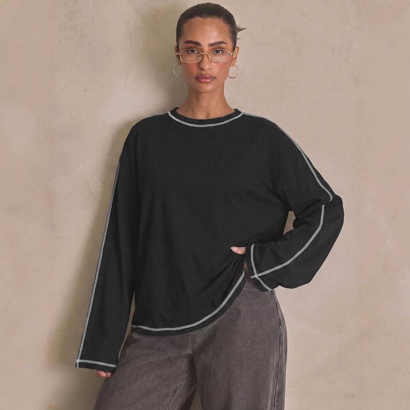 Top semplice da donna a maniche lunghe basic per girocollo da donna, cuciture a contrasto lungo le maniche dello scollo e l'orlo della camicia casua