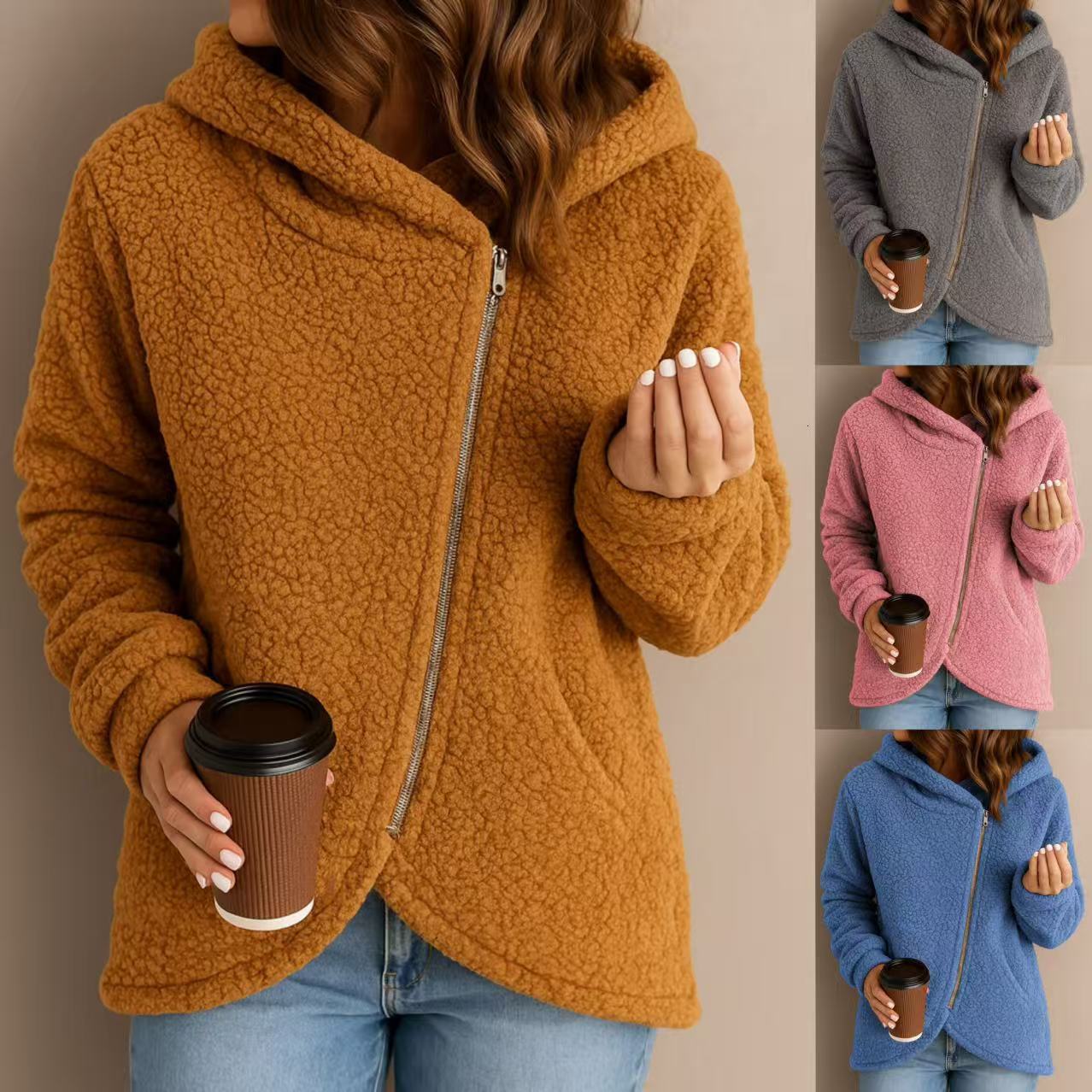 26utumn Winter and and European New Women's Fashion Casual Loose Fashion Lamb Wool Long Sleeve Zipper Hooded Sweatshirt Jacket