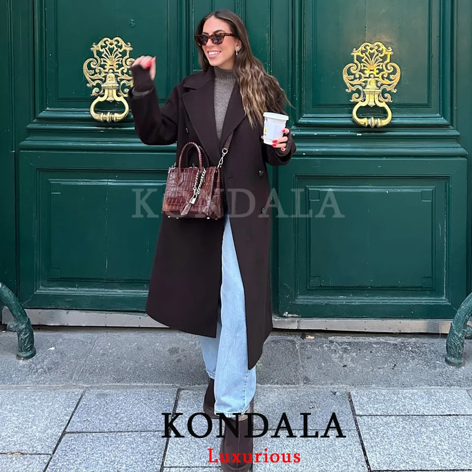 KONDALA Casual Chocolate Brown Women Coats Long Sleeve Buttons Pockets Long Jacket Fashion Autumn Winter Thick Warm Outwear 261016
